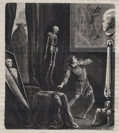 John Chatel (Chastel) (1575-1594) opgesloten door de Jezuïeten in de kamer van meditatie - voor zijn moordaanslag op koning Hendrik IV van Frankrijk op 27 december 1594. Gravure uit 1879 in 