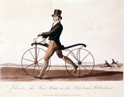 Johnson op een fiets. Dit is het model uitgevonden door Baron von Drais: de Draisienne. Het was gemaakt van hout en er waren nog geen pedalen. Kleur lithografie van 1819 door Unknown artist