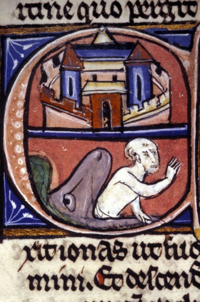 Jona, na drie dagen en drie nachten in de buik van een grote vis, wordt uitgebraakt door het dier. 14e-eeuws manuscript. Biblioteca nazionale braidense, Milaan door Unknown artist