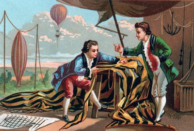 Joseph (1740-1810) en Etienne (1745-1799) de Montgolfier (broers) uitvinders van aerostaten in 1783. Late chromolithografie van de 19e eeuw. door Unknown artist