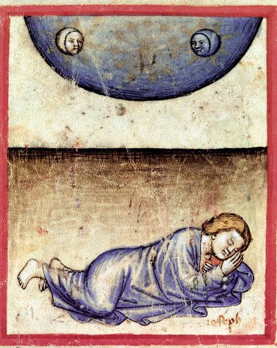 Jozef droomde dat de zon, de maan en elf sterren voor hem neerbogen. Miniatuur uit codex 212 (of padovano codice of Bijbel van Padua). 1390-1400. Rovigo, Accademia dei Concordi door Unknown artist