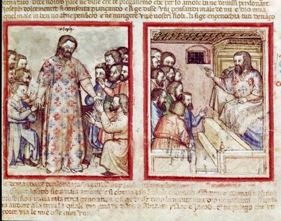Jozef ernstig ziek op 110-jarige leeftijd vergeeft zijn broers die voor hem neerknielen Miniatuur uit codex 212 (of padovano codex of Bijbel van Padua) 1390-1400 Rovigo, Accademia dei Concordi door Unknown artist