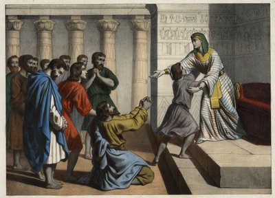 Jozef de Patriarch, benoemd tot vizier van Egypte, wordt herkend door zijn broers die hem deden geloven in zijn dood en om vergeving vragen. Anonieme gravure uit de 19e eeuw. door Unknown artist