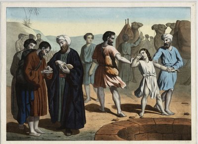 Jozef de Patriarch, verkocht door zijn tien jaloerse broers die hem willen laten verdwijnen. Anonieme gravure uit de 19e eeuw. door Unknown artist