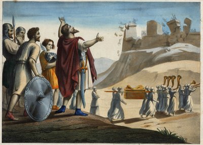 Jozua voor de stad Jericho (de eerste stad die door Jozua en de Joden werd ingenomen tijdens de verovering van het Beloofde Land). De muren storten in door het geluid van de trompetten. Anonieme gravure van de 19e eeuw door Unknown artist