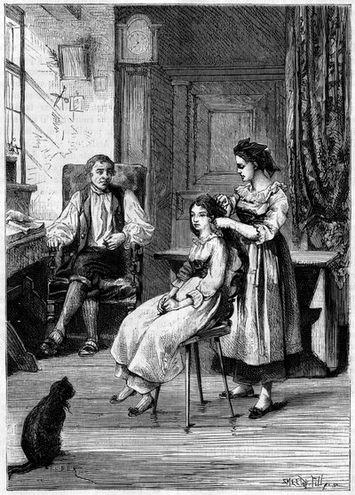 Josue Heilmann (1796-1848), een Franse uitvinder, observeert hoe zijn dochters hun haar kammen. Hij inspireerde zichzelf in deze scène om de mechanische kam in 1843 te creëren. Gravure in 