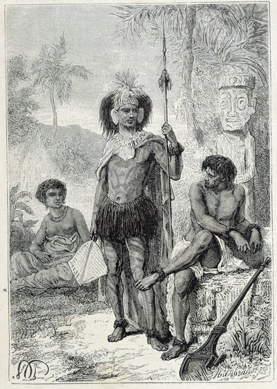Reis van Kapitein James Cook (1728-1779): inboorlingen van de Marquesaseilanden - illustratie uit 