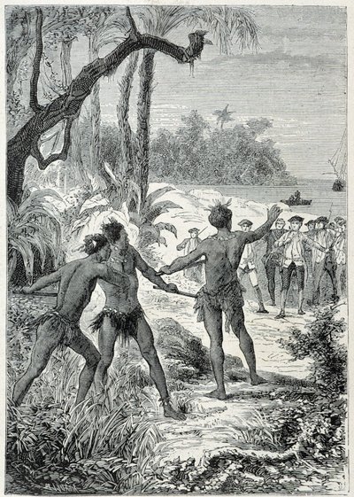 Reis van Kapitein James Cook naar Nieuw-Guinea: de eerste ontmoeting met de inboorlingen, illustratie uit 