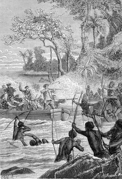 Reis van Carteret naar de eilanden van Santa Cruz: Aanval van de inboorlingen met pijlen - illustratie uit 