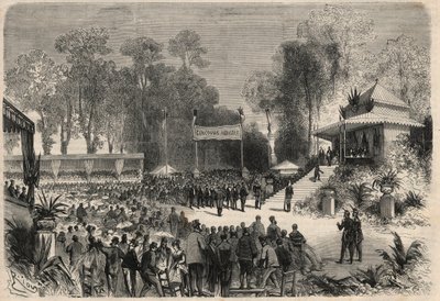 Reis van Napoleon III (1808-1883) en keizerin Eugénie de Montijo (1826-1920) naar Rouen: uitreiking van prijzen op de landbouwwedstrijd. Gravure in 