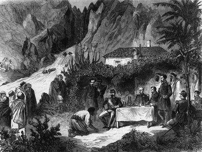 Reis van Napoleon III, Keizer van de Fransen, naar Algerije. September 1860. Napoleon III luncht bij de kreek van de apen ontvangt Barka. Gravure uit 1865. door Unknown artist