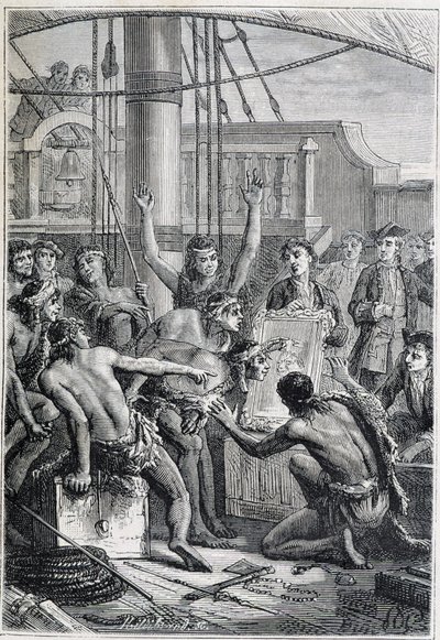 Reis van Samuel Wallis (1728-1795) naar Polynesië: inboorlingen verbaasd door een spiegel - illustratie uit 