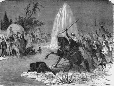 Vreugde van de Arabieren bij het zien van het water uit de Artesische bron van Sidi-Rached, gesmeed door de Fransen, in de Sahara-woestijn. In 