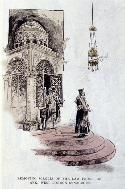 Jodendom: Torah-rollen die meestal in de Heilige Ark worden geplaatst, worden gebruikt bij een ceremonie. De rabbijn draagt de Talit of Tzitzit gebedslime. West London Synagogue door Unknown artist