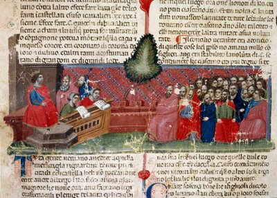 Julius Caesar (101-44 v.Chr.) op de troon Detail van een manuscriptpagina 