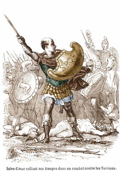 Julius Caesar verzamelt zijn troepen in een gevecht tegen de Nerviërs - gravure door Unknown artist