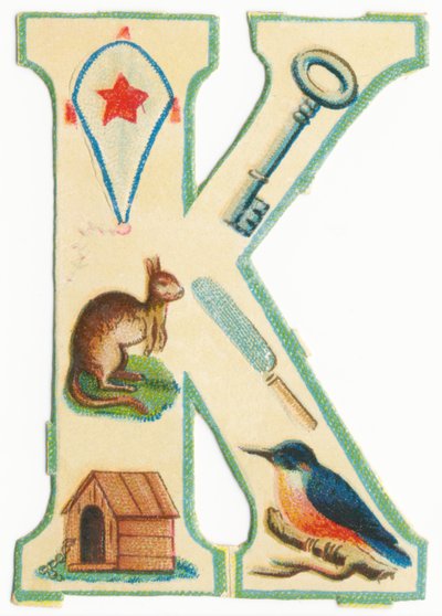K: vlieger, sleutel, kangoeroe, mes, kennel, ijsvogel door Unknown artist