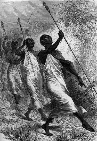 Kabba Righe (Kabba-Righe), koning van Ounyoro (in Afrika), en zijn gevolg. Gravure in 