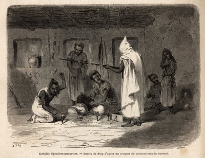Kabylische ambachtslieden bekend om hun vaardigheid in het maken van sieraden en wapens (en vroeger in valsmunterij) in de Djura-regio (Algerije). Gravure ter illustratie van de excursie naar de grote Kabilie, tussen de Middellandse Zee en de Djurjura, in  door Unknown artist