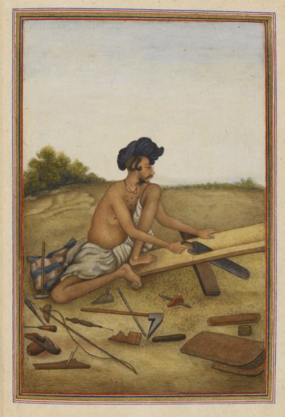 Khati of Tarkhan, timmermanskaste van de Panjab. Man zaagt een plank. door Unknown artist