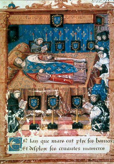 Koning Karel VIII (1470-1498) op zijn sterfbed 8/04/1498 Miniatuur uit een vertaling van 