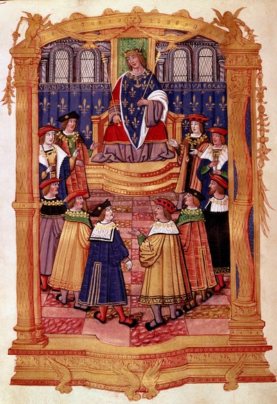 Koning Lodewijk XI (1423-1483) en de Ridders van de Orde van Sint-Michiel. Miniatuur uit het manuscript Statuten van de Orde van Sint-Michiel 15e eeuw door Unknown artist