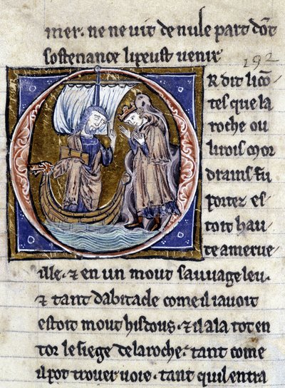 Koning Modreius. Manuscript: Verovering van de Saint Gréal, geschreven 717 jaar na de passie van onze heer. Bibliotheque municipale de Rennes, ms. 255 (Collectie romans van de Ronde Tafel); Parijs door Unknown artist