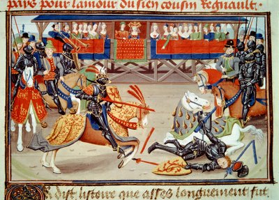 Koning Richier die Guichart van de Moree uit het zadel werpt tijdens een toernooi. door Unknown artist