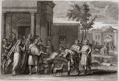 Koninkrijksbijbel, Oude Testament: Abimelech gestraft door God. Abimelech (Abimelech of Ahimelech of Ahimelek), koning van Gerar, die met geweld Sara (Sarah), de vrouw van Abraham, had genomen, maar die hij alleen als zijn zus beschouwde, wordt door God be door Unknown artist