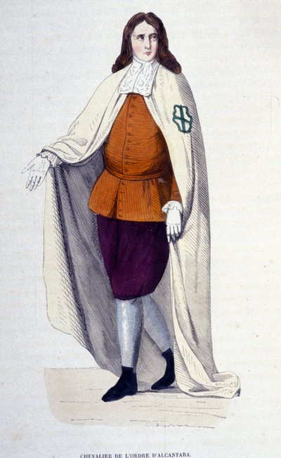 Ridder van de Orde van Alcantara, religieuze en militaire orde opgericht in 1156 onder de naam Orde van San Julian del Pereiro, naar het voorbeeld van de Tempeliers, om de Moren te bestrijden. 19e eeuwse gravure, privécollectie, Milaan door Unknown artist