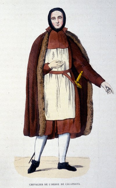 Ridder van de Orde van Calatrava. Een groep religieuzen en ridders verdedigde de stad Calatrava in Spanje tegen de Castilianen in 1145 en 1158. De orde werd in 1523 aan de Kroon van Spanje gehecht met de koning als grootmeester. Gravure uit de 19e eeuw door Unknown artist