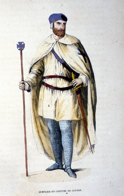 Ridder van de Orde van Tempeliers in oorlogskostuum. Gravure uit de 19e eeuw door Unknown artist