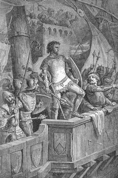 Knut de Grote (Canut I) (994 of 995-1035) - Mannen van Knut de Grote op de Londense brug, onder aanval van Olaf II van Noorwegen - Gravure in 