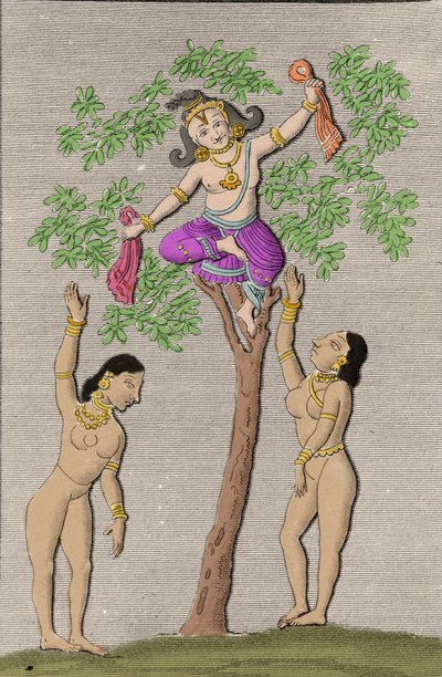 Krishna vliegend met twee gopi