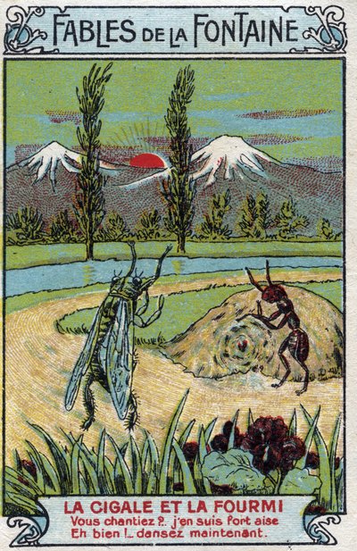 De krekel en de mier - Fabels van Jean de La Fontaine - Chromolithografie eind 19e eeuw door Unknown artist