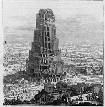 De Toren van Babel, naar pater Kircher - (Verminderde gravure van 