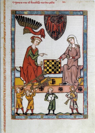 Het schaakspel (Een paar speelt schaak, omringd door muzikanten) - Miniatuurschildering uit een 15e-eeuws manuscript - Parijs, B.N. door Unknown artist