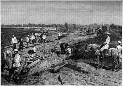 Het leggen van de rails van de Trans-Kaspische spoorweg. Gravure in het tijdschrift 