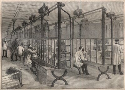 De post: het sorteren van post in het Hotel des Posts de Paris - Gravure in 