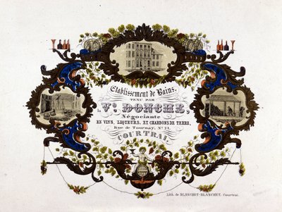 Etiket voor een wijnmakerij, likeuren en aardkolen. Lithografie door Unknown artist