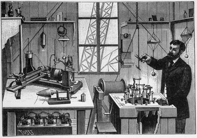 Laboratorium van Gustave Eiffel op het tweede platform van de toren - gravure door Unknown artist