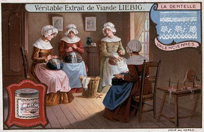 Kantwerkplaats, Valenciennes, Liebig reclame ca. 1895 door Unknown artist