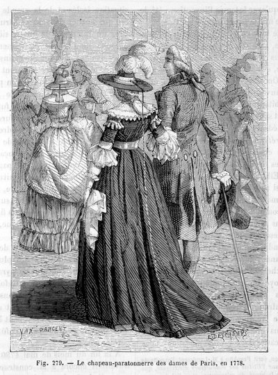Dames van Parijs met bliksemafleiderhoed 1778 - gravure door Unknown artist