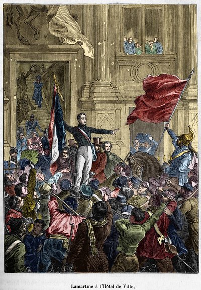 Lamartine (1790 - 1869), weigert de rode vlag voor de driekleurige vlag, in het stadhuis. Parijs, 26 februari 1848. Bianchetti collectie door Unknown artist