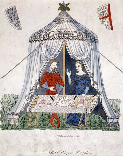 Lancelot en Guinevere eten onder een tent, uit 