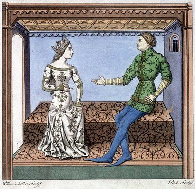 Lancelot en Guinevere in gesprek - extract uit Lancelot du lac, gebaseerd op document uit 1370 door Unknown artist