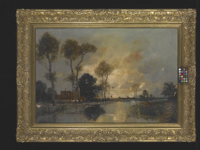 Landschap met huisje en stroom door Unknown artist