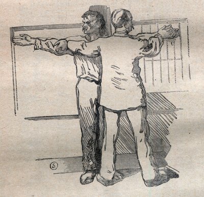 De gerechtelijke antropometrie of bertillonnage, methode van Alphonse Bertillon (1853-1914): meting van grote kaliber armen - Gravure in 