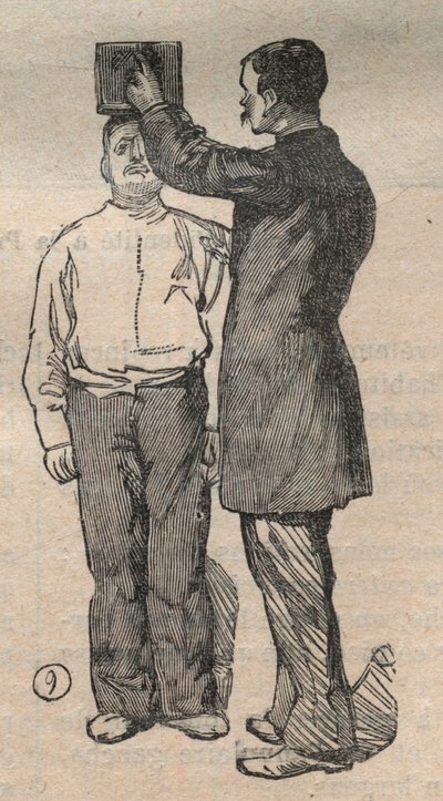 De gerechtelijke antropometrie of bertillonage, methode van Alphonse Bertillon (1853-1914): meting van de lengte - Gravure in 