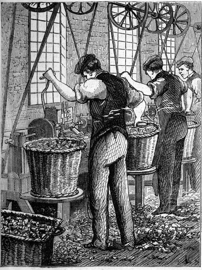 Grote Engelse industrieën: Walter Evans katoen spinnen in Engeland in 1863. Fabricage van spoelen door Unknown artist